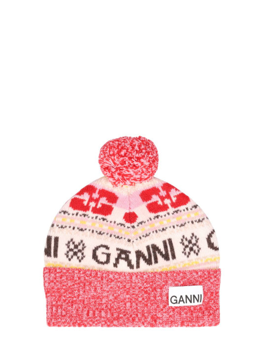 GANNI: Graphic wool beanie w/ pompom - Multicolor - women_0 | Luisa Via Roma