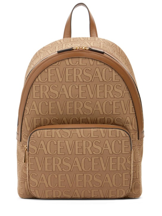 Versace: Logo fabric & leather backpack - Beige/Brown - men_0 | Luisa Via Roma