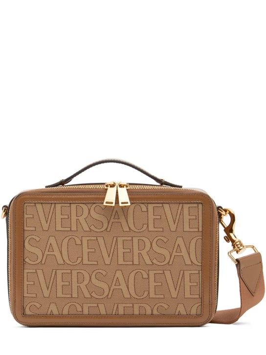 Versace: Logo fabric & leather crossbody bag - Beige/Brown - men_0 | Luisa Via Roma