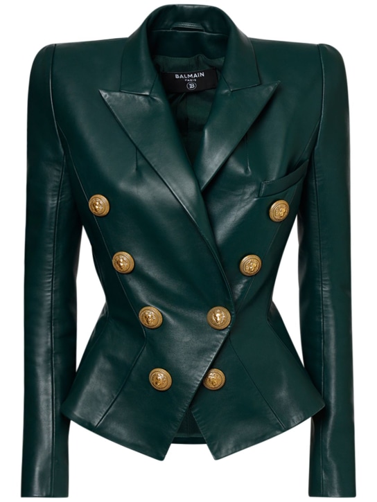Balmain: Double breasted leather blazer - Dark Green - women_0 | Luisa Via Roma