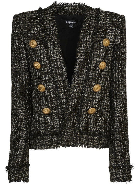 Balmain: Lurex tweed collarless jacket - Black/Gold - women_0 | Luisa Via Roma