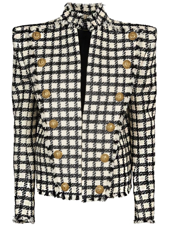 Balmain: Checked wool blend jacket - Ivory/Black - women_0 | Luisa Via Roma