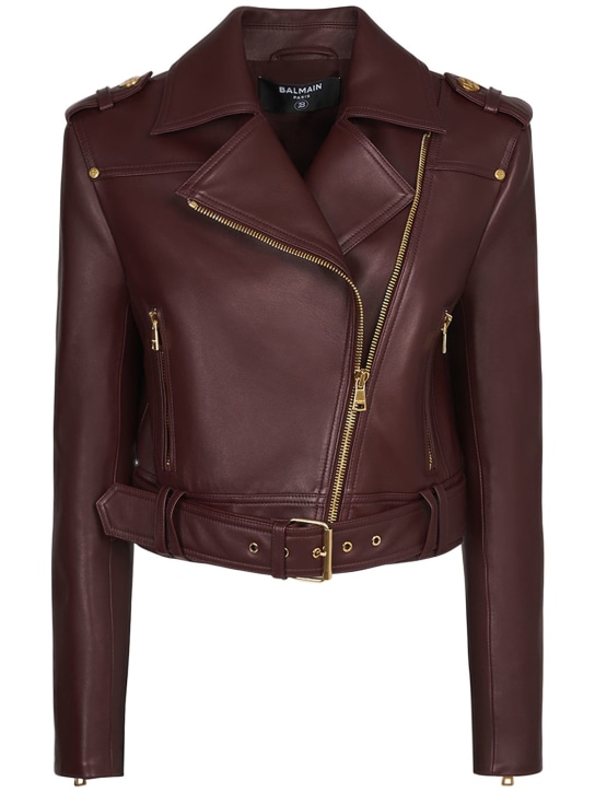 Balmain: Leather biker jacket - Bordeaux - women_0 | Luisa Via Roma