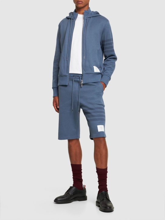 Thom Browne: Double face knit sweat shorts - Blue - men_1 | Luisa Via Roma