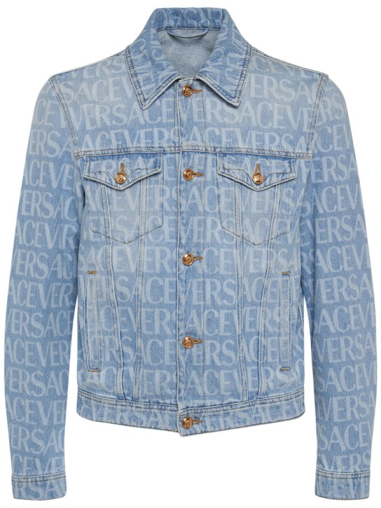 Versace: Monogram cotton denim jacket - Light Blue - men_0 | Luisa Via Roma