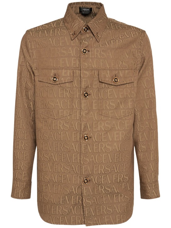 Versace: Camicia in tela di misto cotone monogram - Marrone - men_0 | Luisa Via Roma