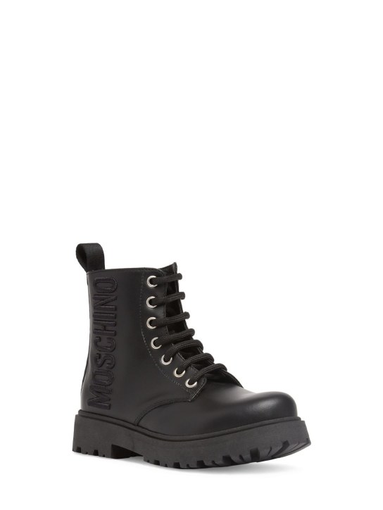 Moschino: Leather combat boots w/logo - Black - kids-girls_1 | Luisa Via Roma