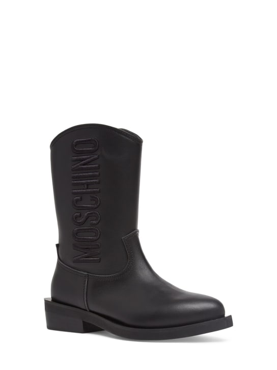 Moschino: Leather Texano boots w/logo - Black - kids-girls_1 | Luisa Via Roma