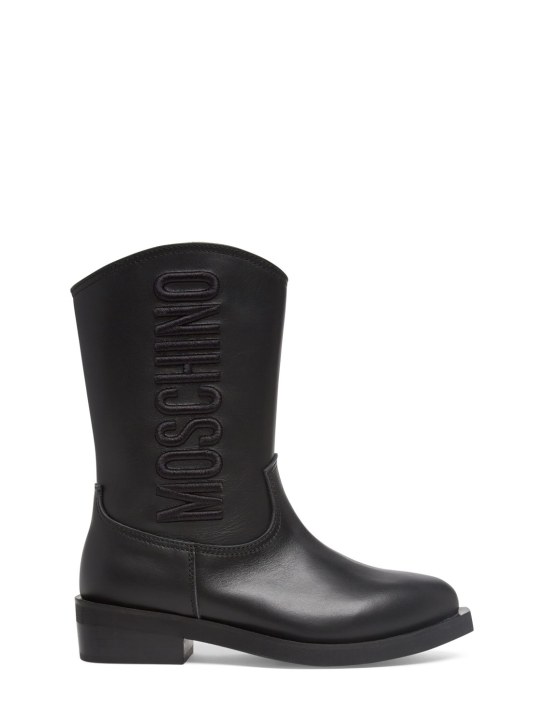 Moschino: Leather Texano boots w/logo - Black - kids-girls_0 | Luisa Via Roma