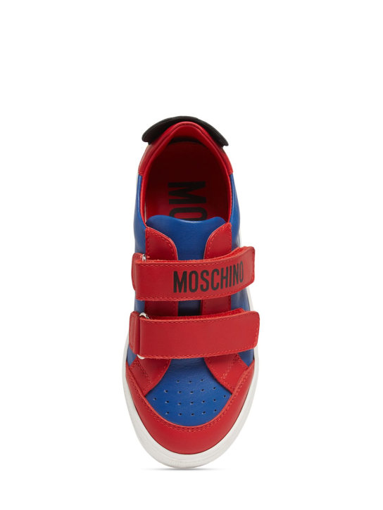 Moschino: Leather strap sneakers w/logo - Blue/Red - kids-boys_1 | Luisa Via Roma