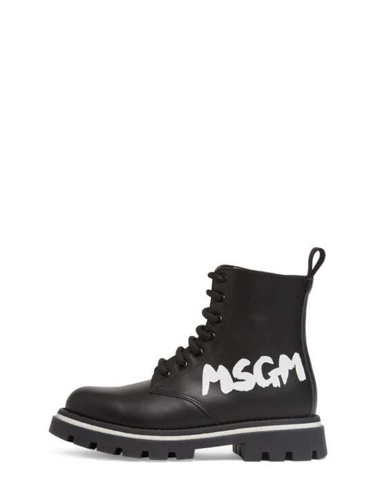 MSGM: Leather combat lace-up boots w/logo - Black - kids-boys_0 | Luisa Via Roma