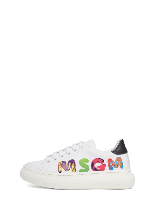 MSGM: Sneakers à lacets en cuir imprimé logo - Blanc - kids-girls_0 | Luisa Via Roma