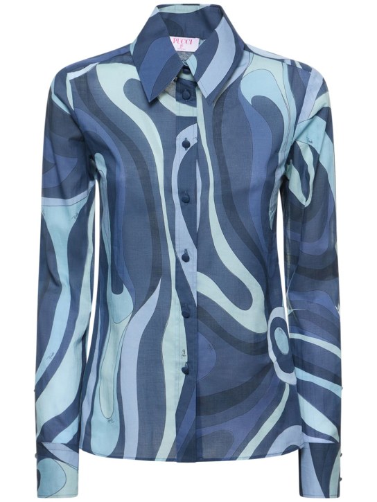 Pucci: Camicia in voile di cotone stampa marmo - Blu - women_0 | Luisa Via Roma