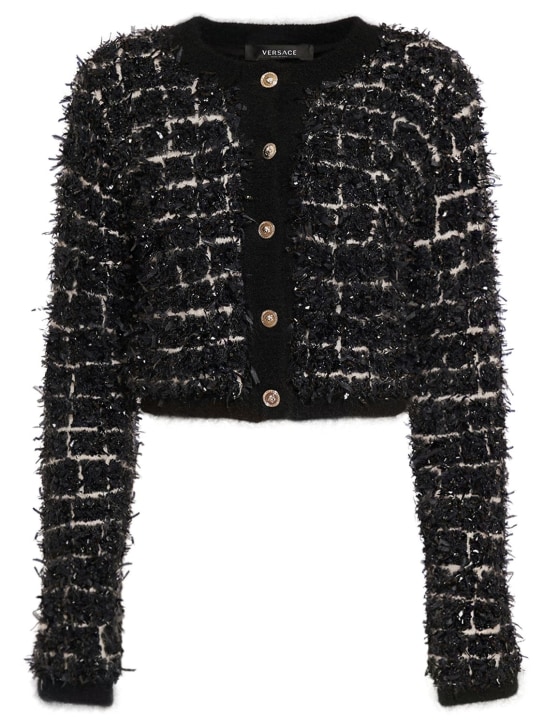 Versace: 니트 자카드 크롭 재킷 - 블랙/화이트 - women_0 | Luisa Via Roma