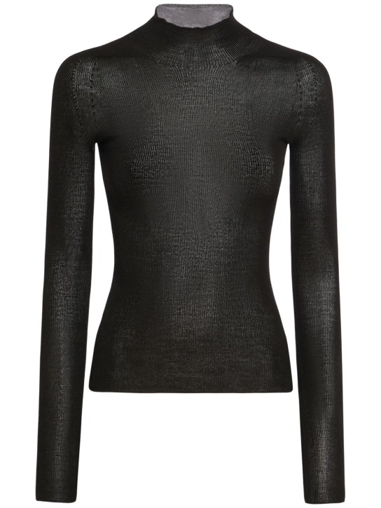 Versace: Suéter de punto acanalado con cuello vuelto - Negro - women_0 | Luisa Via Roma