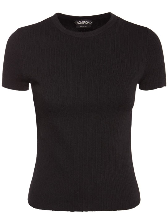 Tom Ford: Geripptes T-Shirt aus feiner Seidenmischung - Schwarz - women_0 | Luisa Via Roma