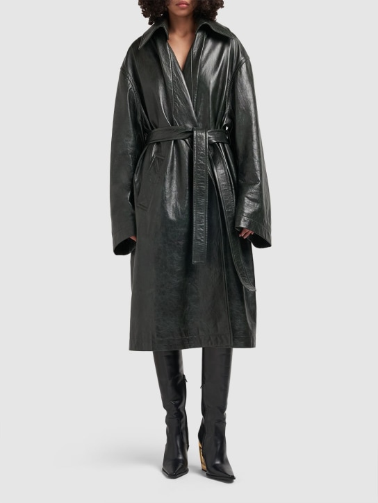 Bottega Veneta: Shiny leather kimono belted coat - Military Green - women_1 | Luisa Via Roma