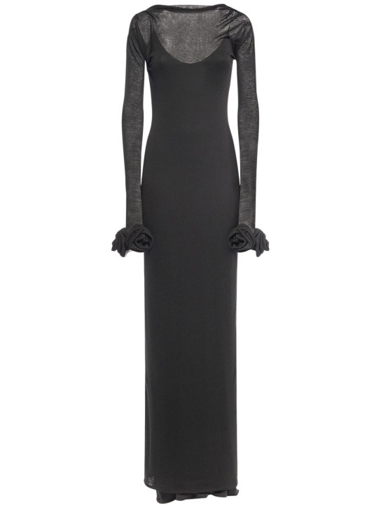Blumarine: Jersey & wool long dress w/ roses - Black - women_0 | Luisa Via Roma