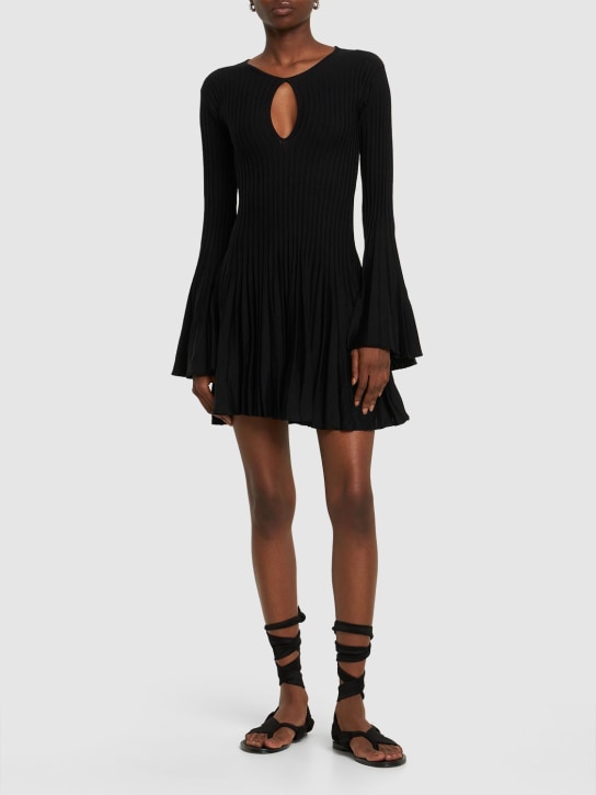 Blumarine: Pleated wool knit long sleeve mini dress - Black - women_1 | Luisa Via Roma