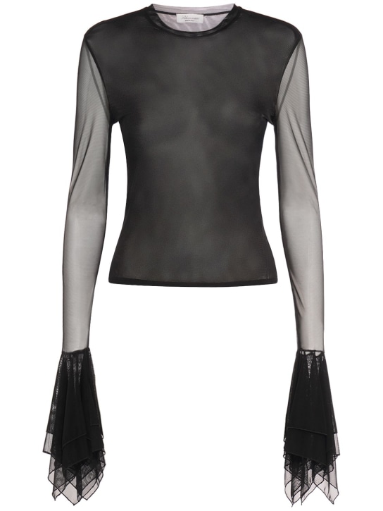 Blumarine: Tulle ruffled long sleeve top w/ studs - Black - women_0 | Luisa Via Roma