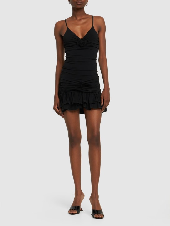 Blumarine: Jersey draped mini dress w/rose appliqué - Black - women_1 | Luisa Via Roma