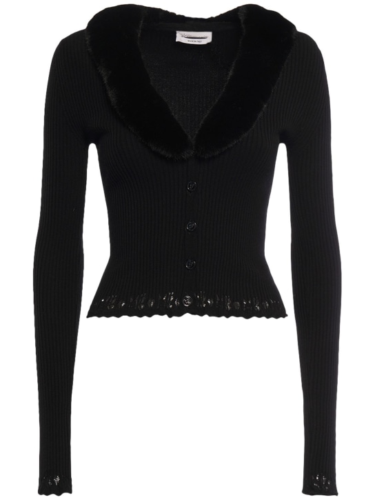 Blumarine: Knit cardigan w/ faux fur collar - Black - women_0 | Luisa Via Roma