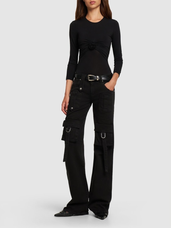 Blumarine: Jersey 3/4 sleeves draped top w/ rose - Black - women_1 | Luisa Via Roma