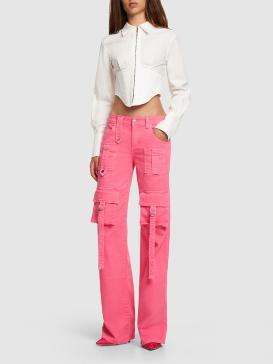 Blumarine: Jeans rectos de denim con cintura alta - Fucsia - women_1 | Luisa Via Roma