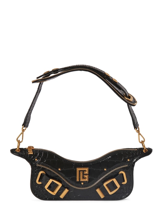 Balmain: Blaze croco embossed leather zip bag - 0pa Noir - women_0 | Luisa Via Roma