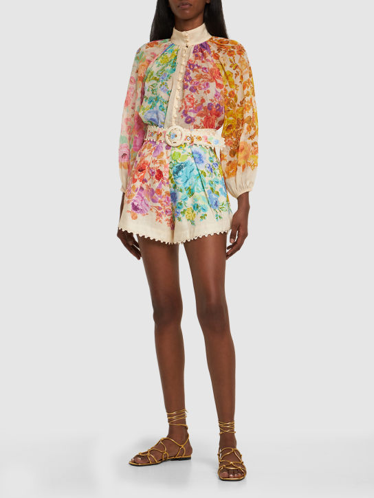 Zimmermann: Raie printed high rise linen tuck shorts - Multicolor - women_1 | Luisa Via Roma