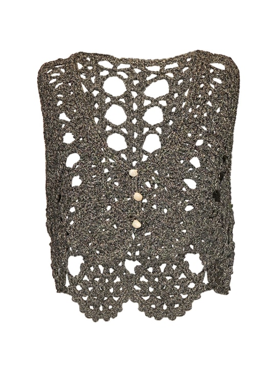 GANNI: Crochet v-neck cotton blend top - Black/Gold - women_0 | Luisa Via Roma