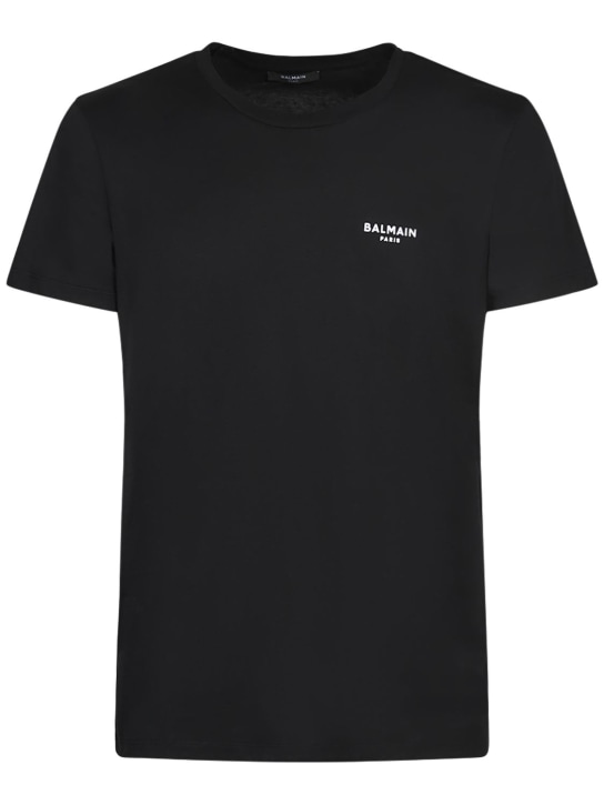 Balmain: Camiseta de algodón orgánico con logo floqueado - Negro/Blanco - men_0 | Luisa Via Roma