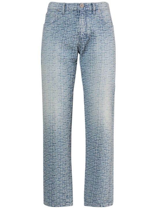 Balmain: Monogram jacquard straight denim jeans - Blue - men_0 | Luisa Via Roma