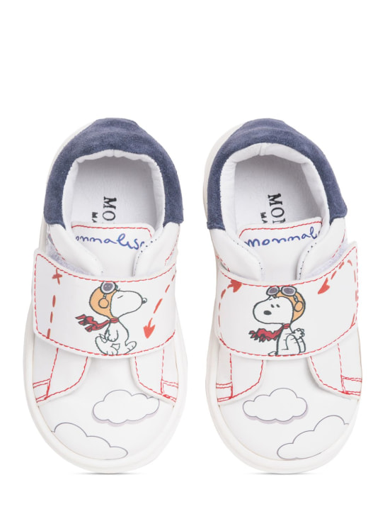 Monnalisa: 史努比印花皮革粘扣运动鞋 - 白色 - kids-boys_1 | Luisa Via Roma