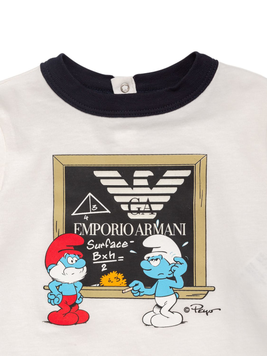 Emporio Armani: Smurf 오가닉 코튼 저지 반팔 티셔츠 - 화이트 - kids-boys_1 | Luisa Via Roma