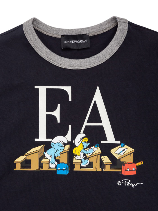 Emporio Armani: T-shirt en jersey de coton Schtroumpfs - Bleu Marine - kids-boys_1 | Luisa Via Roma