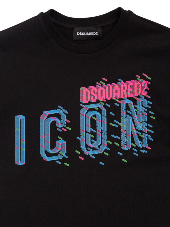 Dsquared2: Icon 프린트 코튼 저지 티셔츠 - 블랙 - kids-boys_1 | Luisa Via Roma
