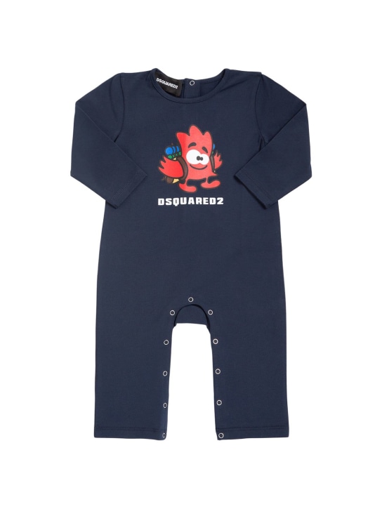 Dsquared2: Barboteuse en jersey de coton imprimé à logo - Bleu Marine - kids-boys_0 | Luisa Via Roma