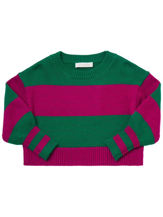 Monnalisa: Striped wool blend knit sweater - Green/Fuchsia - kids-girls_0 | Luisa Via Roma