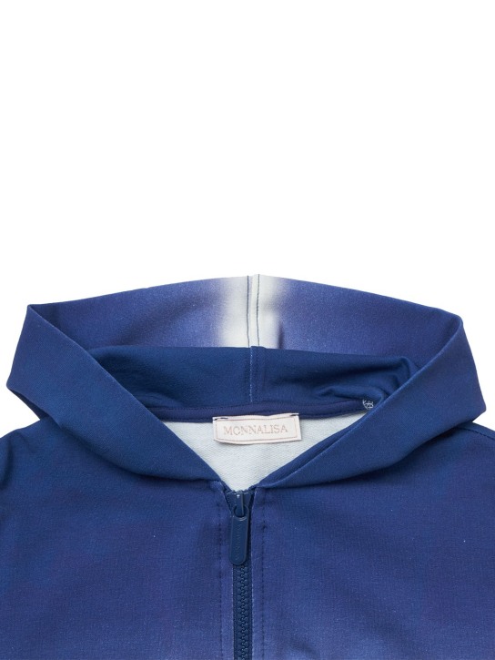 Monnalisa: Sweat-shirt zippé en coton imprimé à capuche - Bleu/Blanc - kids-girls_1 | Luisa Via Roma