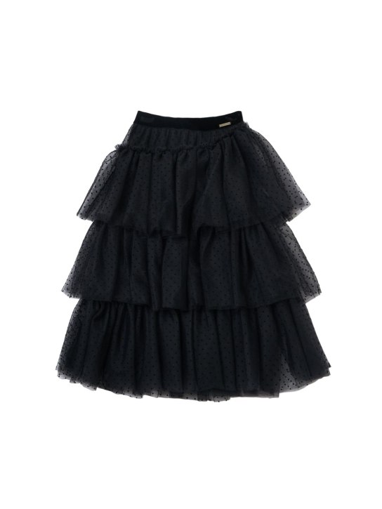 Monnalisa: Flocked polka dot tulle skirt - Black - kids-girls_0 | Luisa Via Roma