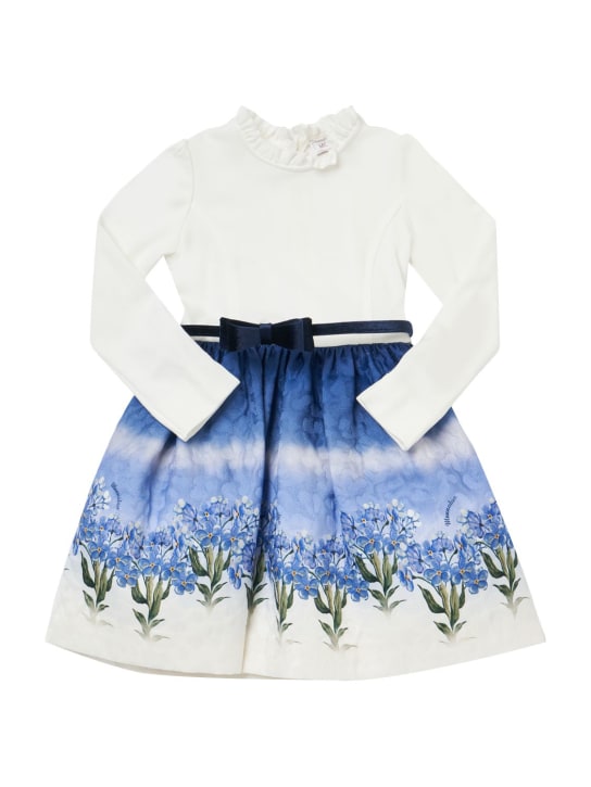 Monnalisa: Robe midi en brocart imprimé floral avec ceinture - Blanc/Bleu - kids-girls_0 | Luisa Via Roma