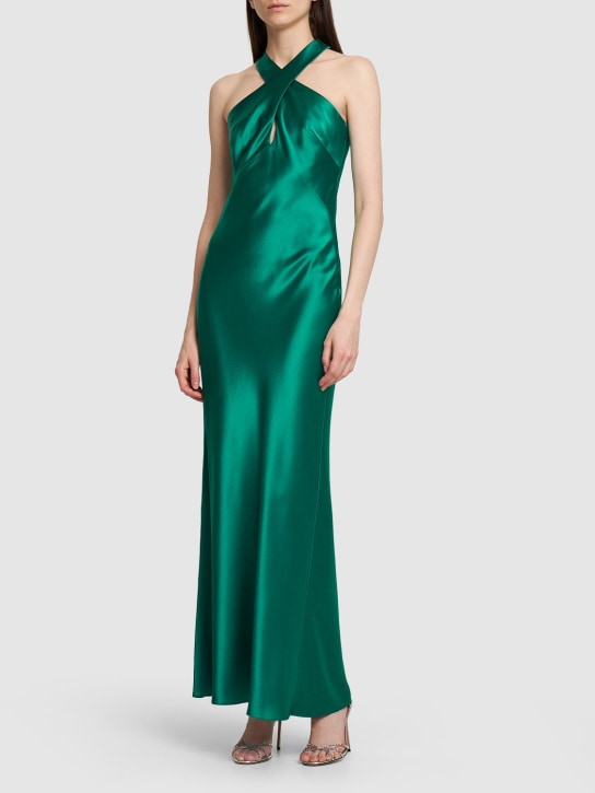 Galvan: Evelyn cross neck satin long dress - Emerald - women_1 | Luisa Via Roma