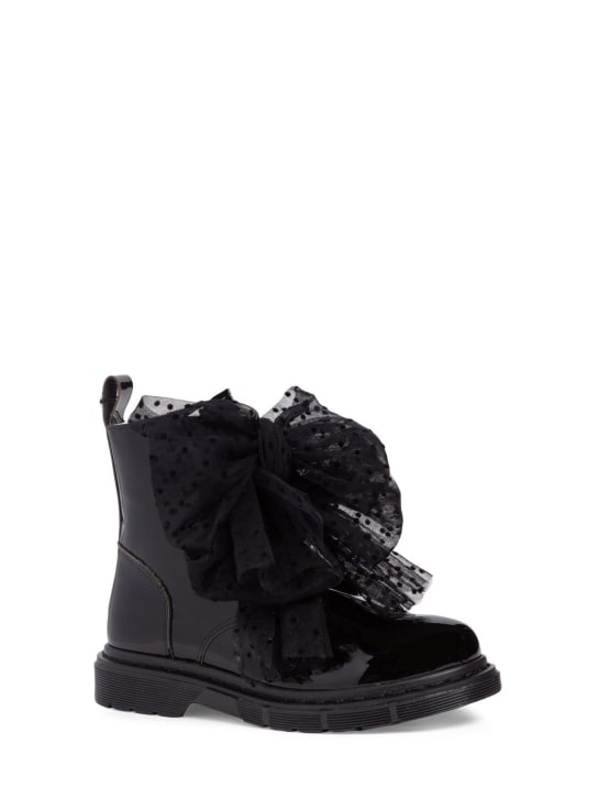 Monnalisa: Patent leather boots w/ tulle bow - Black - kids-girls_1 | Luisa Via Roma
