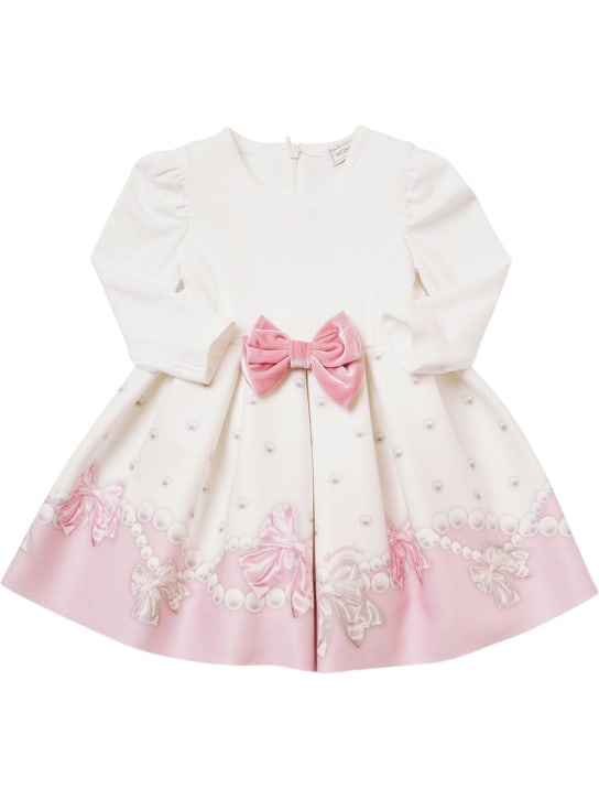 Monnalisa: Bow print Punto Milano dress - White/Pink - kids-girls_0 | Luisa Via Roma