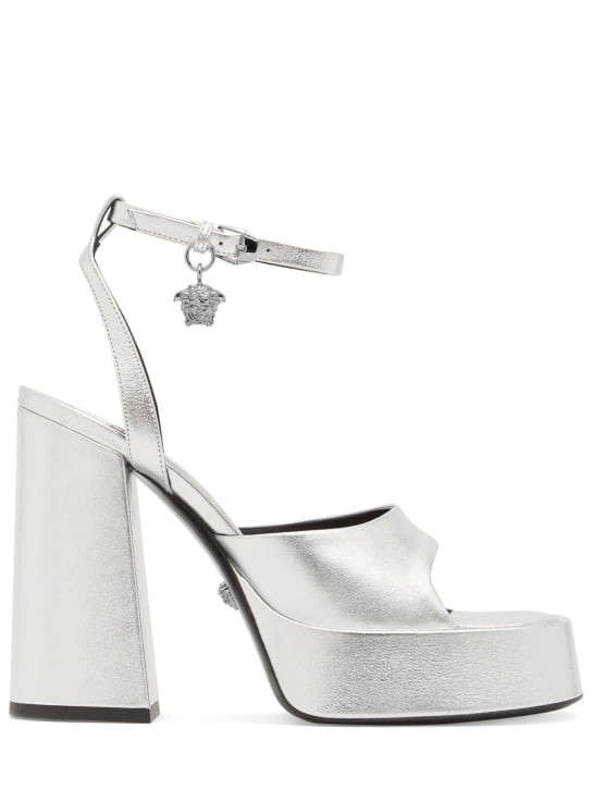 Versace: Sandalias de piel metalizada 120mm - Plata - women_0 | Luisa Via Roma