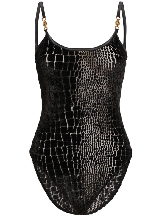 Versace: Body en velours dévoré Croco - Noir - women_0 | Luisa Via Roma