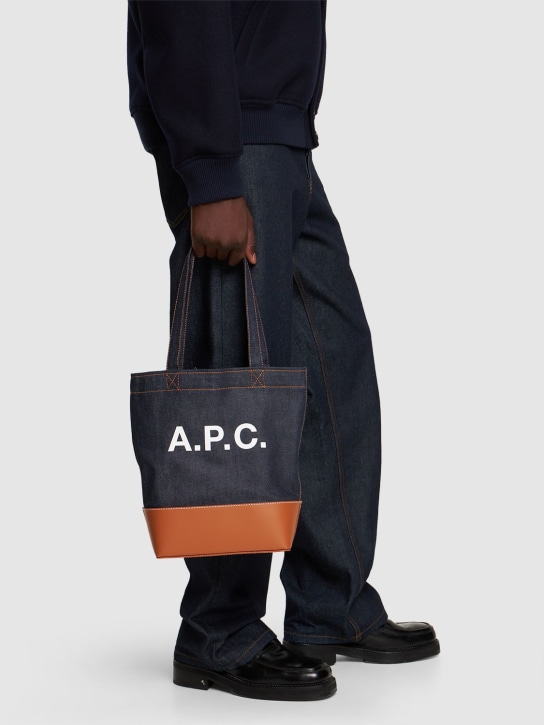 A.P.C.: Small logo denim & leather tote bag - Blue/Caramel - men_1 | Luisa Via Roma