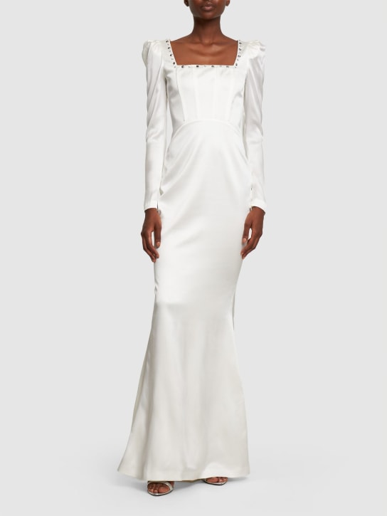 Alessandra Rich: Studded silk satin long evening dress - White - women_1 | Luisa Via Roma