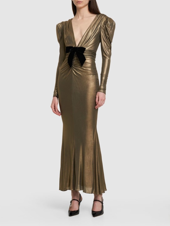 Alessandra Rich: Laminated ruched cady v-neck midi dress - Gold - women_1 | Luisa Via Roma